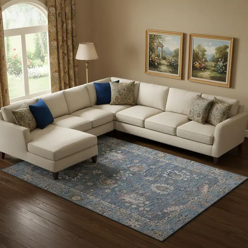 Blue And Taupe Oriental Washable Area Rug With UV Protection Photo 2