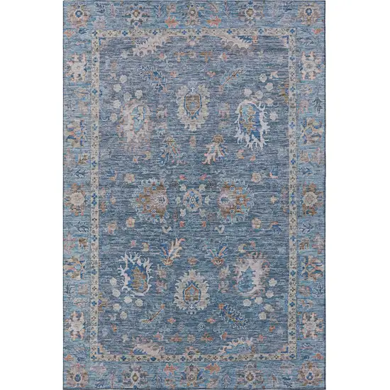 Blue And Taupe Oriental Washable Area Rug With UV Protection Photo 4