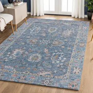 Photo of Blue And Taupe Oriental Washable Area Rug With UV Protection