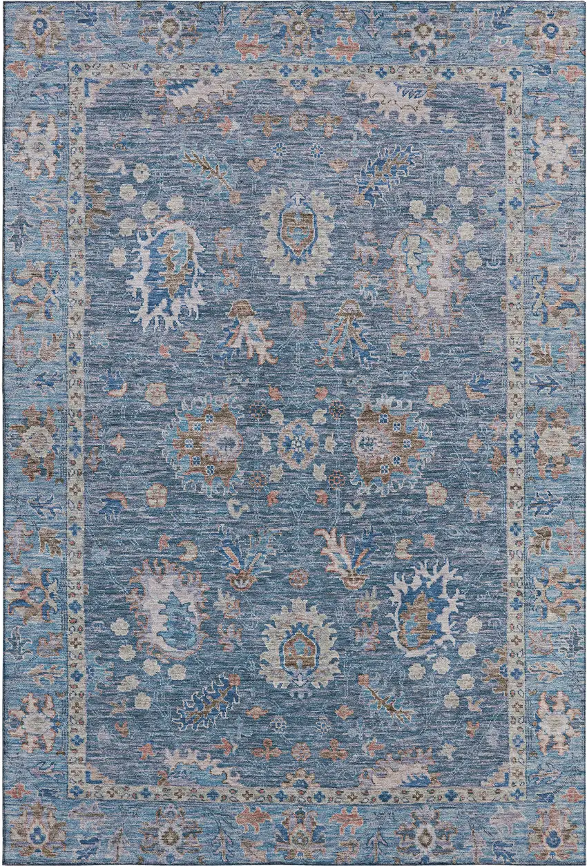 Blue And Taupe Oriental Washable Area Rug With UV Protection Photo 1