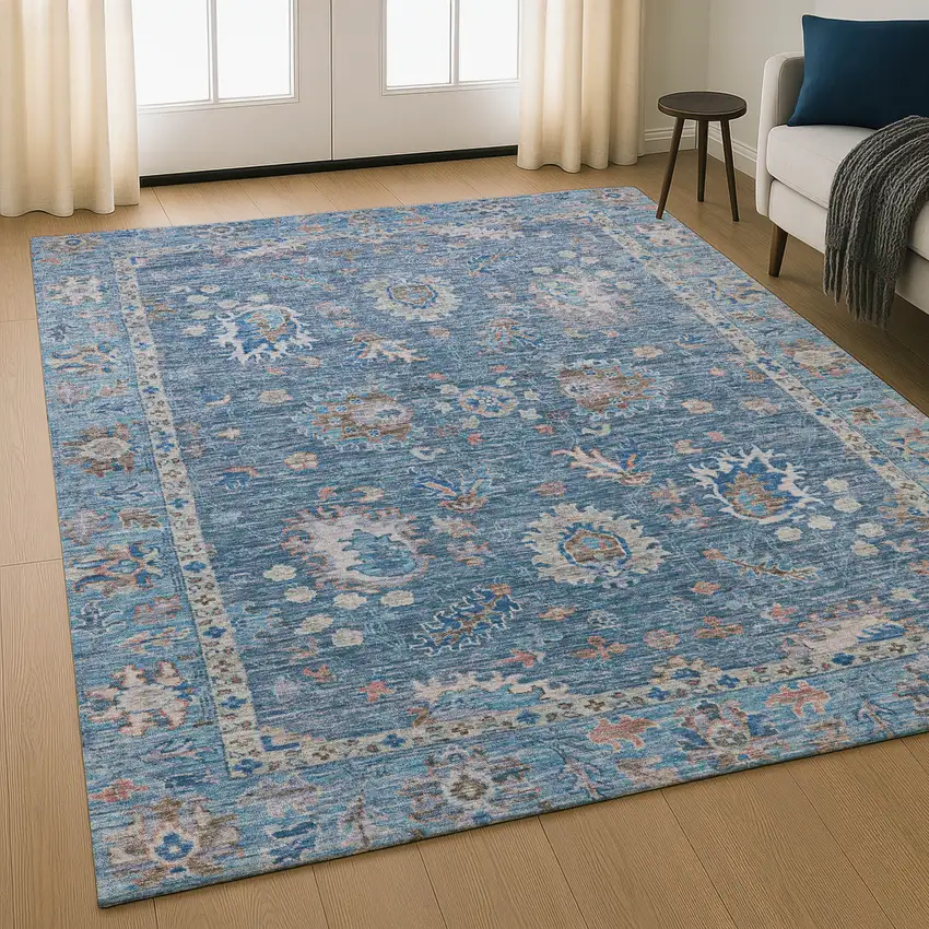 Blue And Taupe Oriental Washable Area Rug With UV Protection Photo 5