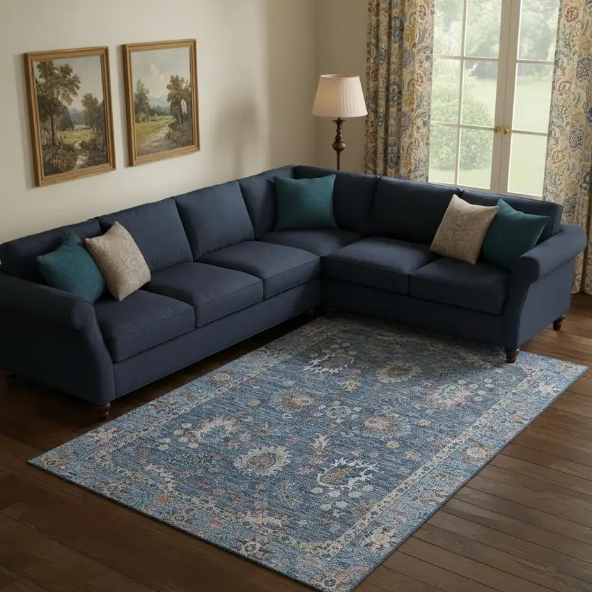 Blue And Taupe Oriental Washable Area Rug With UV Protection Photo 2