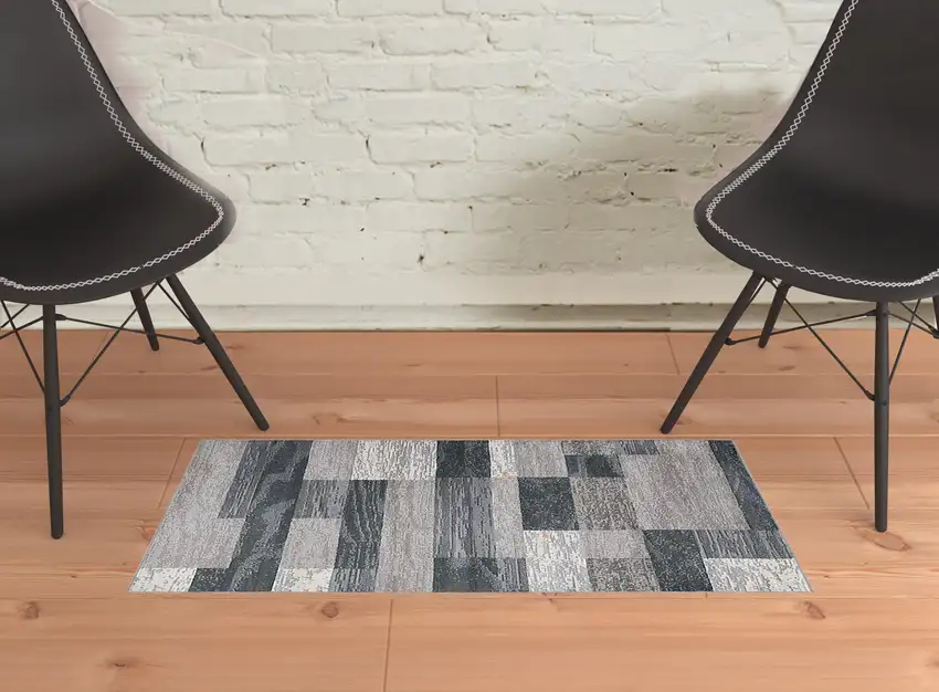 Blue And Taupe Patchwork Power Loom Stain Resistant Area Rug Photo 2