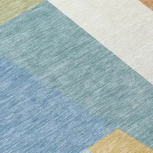 Photo of Blue And Teal Blue Geometric Washable Indoor Outdoor Area Rug