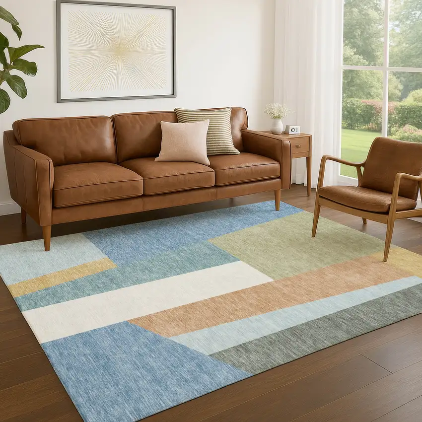 Blue And Teal Blue Geometric Washable Indoor Outdoor Area Rug Photo 5