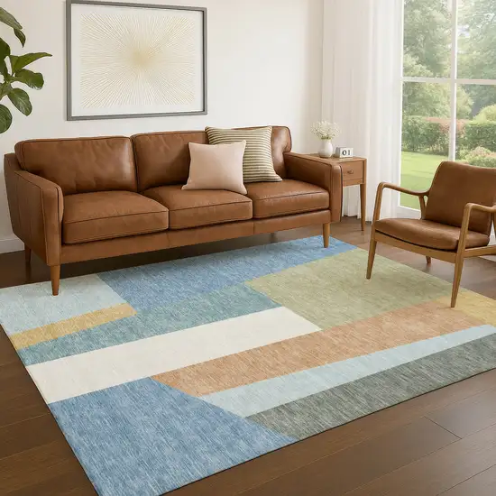 Blue And Teal Blue Geometric Washable Indoor Outdoor Area Rug Photo 5