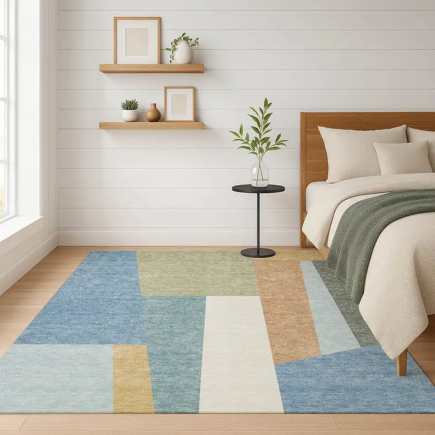 Blue And Teal Blue Geometric Washable Indoor Outdoor Area Rug Photo 6