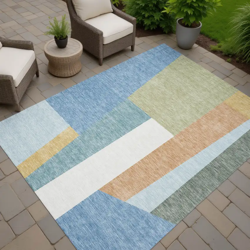 Blue And Teal Blue Geometric Washable Indoor Outdoor Area Rug Photo 7