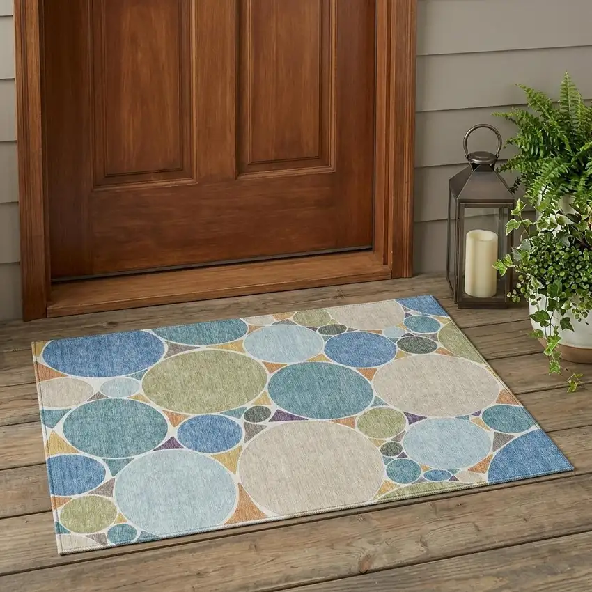 Blue And Teal Blue Geometric Washable Indoor Outdoor Area Rug Photo 1