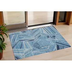 Photo of Blue And Teal Blue Geometric Washable Indoor Outdoor Area Rug