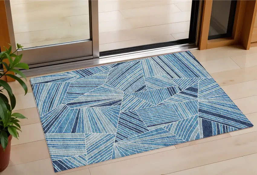 Blue And Teal Blue Geometric Washable Indoor Outdoor Area Rug Photo 1