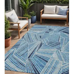 Photo of Blue And Teal Blue Geometric Washable Indoor Outdoor Area Rug