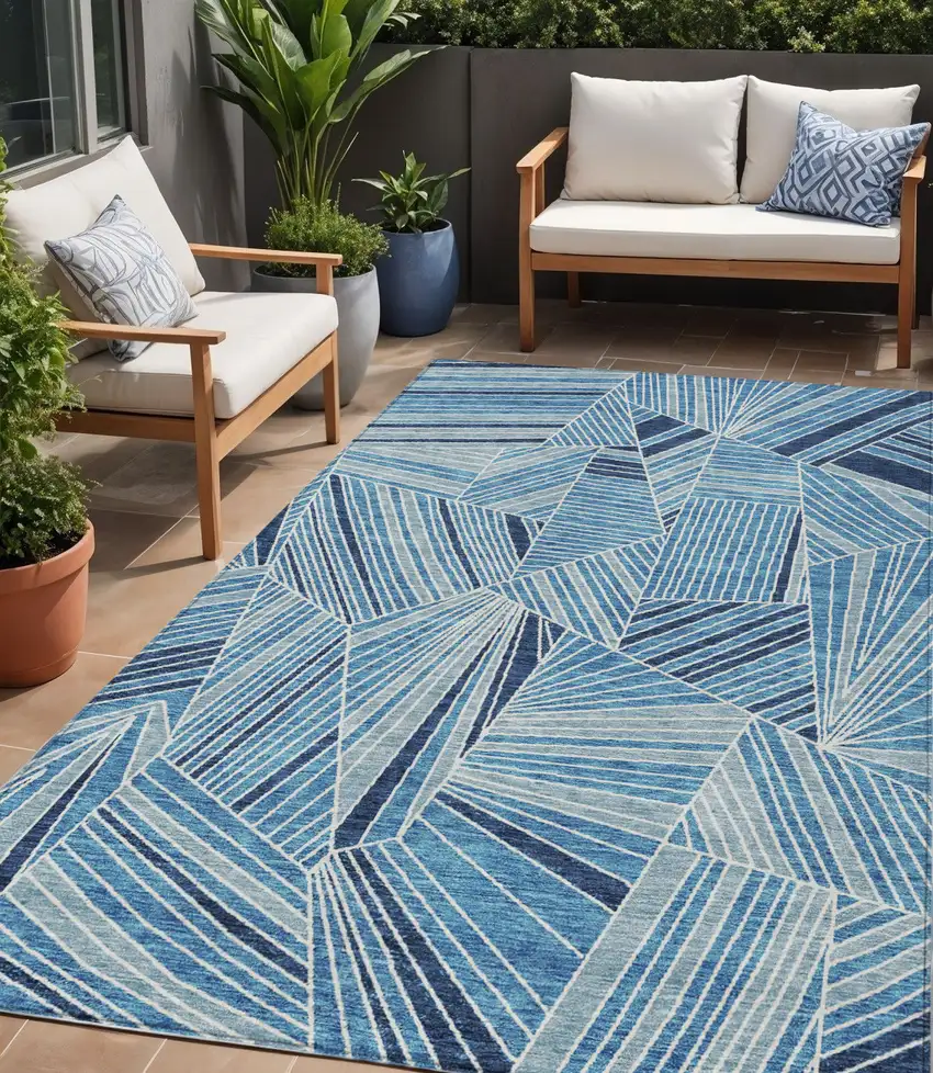Blue And Teal Blue Geometric Washable Indoor Outdoor Area Rug Photo 1
