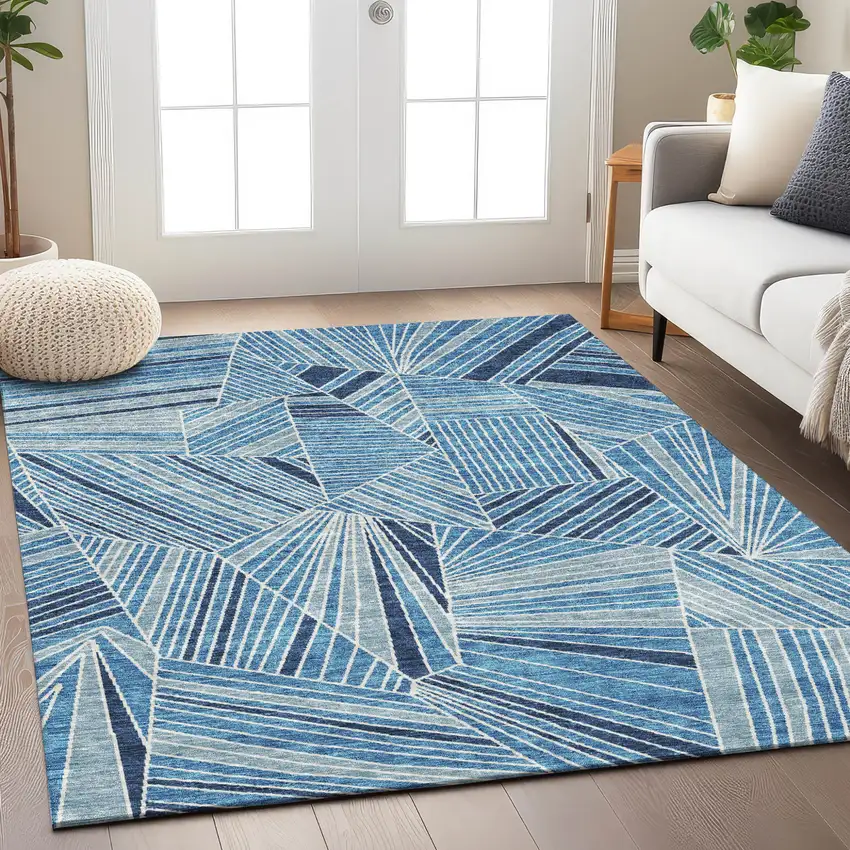 Blue And Teal Blue Geometric Washable Indoor Outdoor Area Rug Photo 9