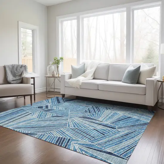Blue And Teal Blue Geometric Washable Indoor Outdoor Area Rug Photo 9