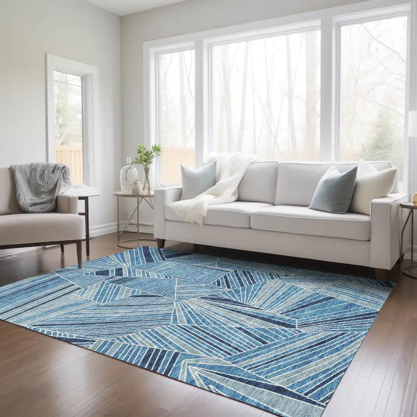 Blue And Teal Blue Geometric Washable Indoor Outdoor Area Rug Photo 9