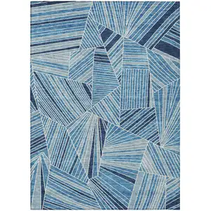 Photo of Blue And Teal Blue Geometric Washable Indoor Outdoor Area Rug