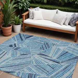 Photo of Blue And Teal Blue Geometric Washable Indoor Outdoor Area Rug