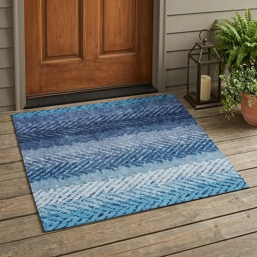 Blue And Teal Blue Striped Washable Indoor Outdoor Area Rug Photo 1