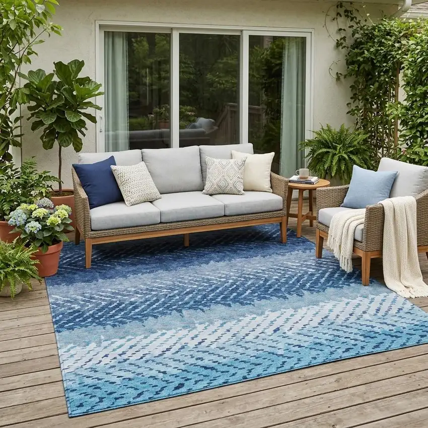 Blue And Teal Blue Striped Washable Indoor Outdoor Area Rug Photo 1
