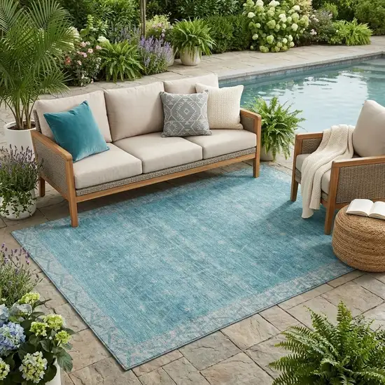 Blue And Teal Blue Tribal Washable Indoor Outdoor Area Rug Photo 1
