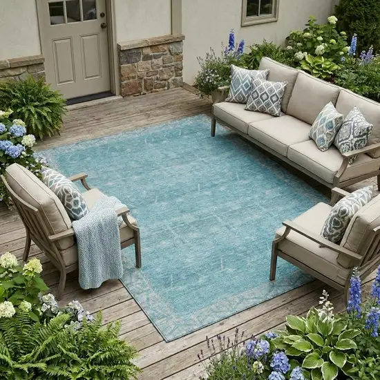 Blue And Teal Blue Tribal Washable Indoor Outdoor Area Rug Photo 1