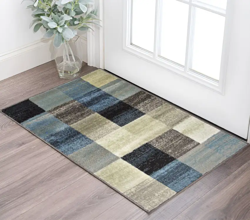 Blue And Teal Geometric Power Loom Stain Resistant Area Rug Photo 1