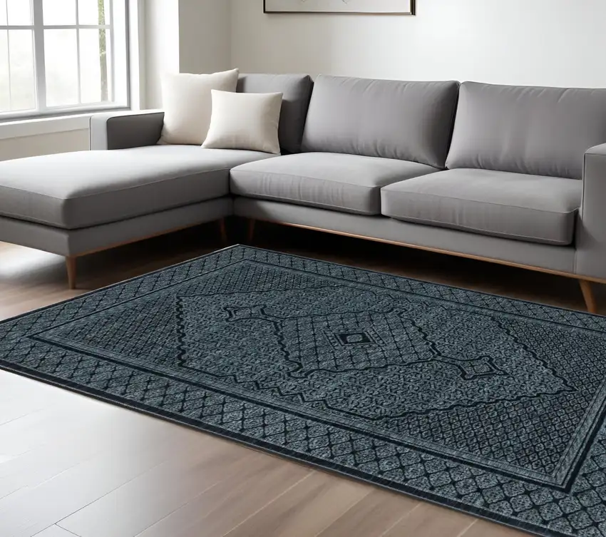 Blue And Teal Medallion Area Rug With Fringe Photo 1