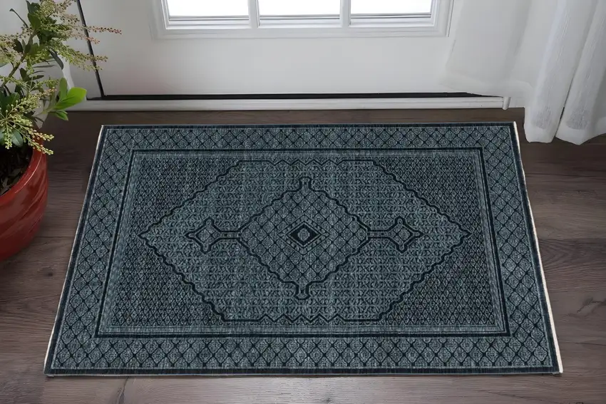 Blue And Teal Medallion Area Rug With Fringe Photo 1