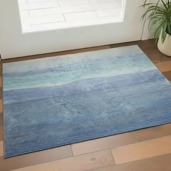 Blue And Teal Striped Washable Area Rug With UV Protection Photo 2