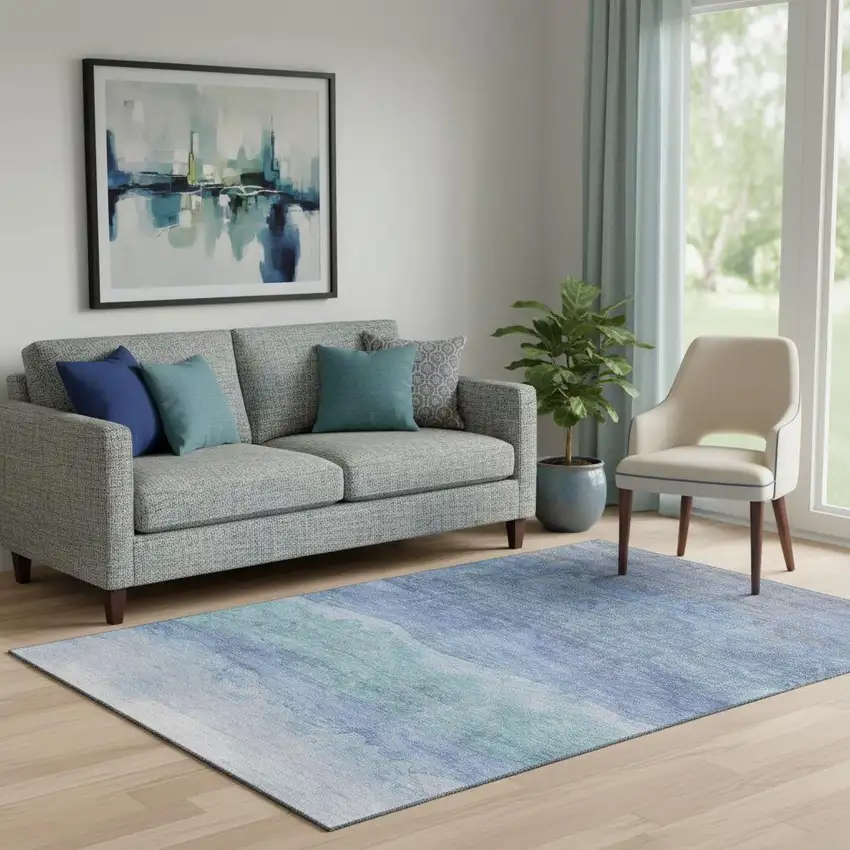 Blue And Teal Striped Washable Area Rug With UV Protection Photo 2