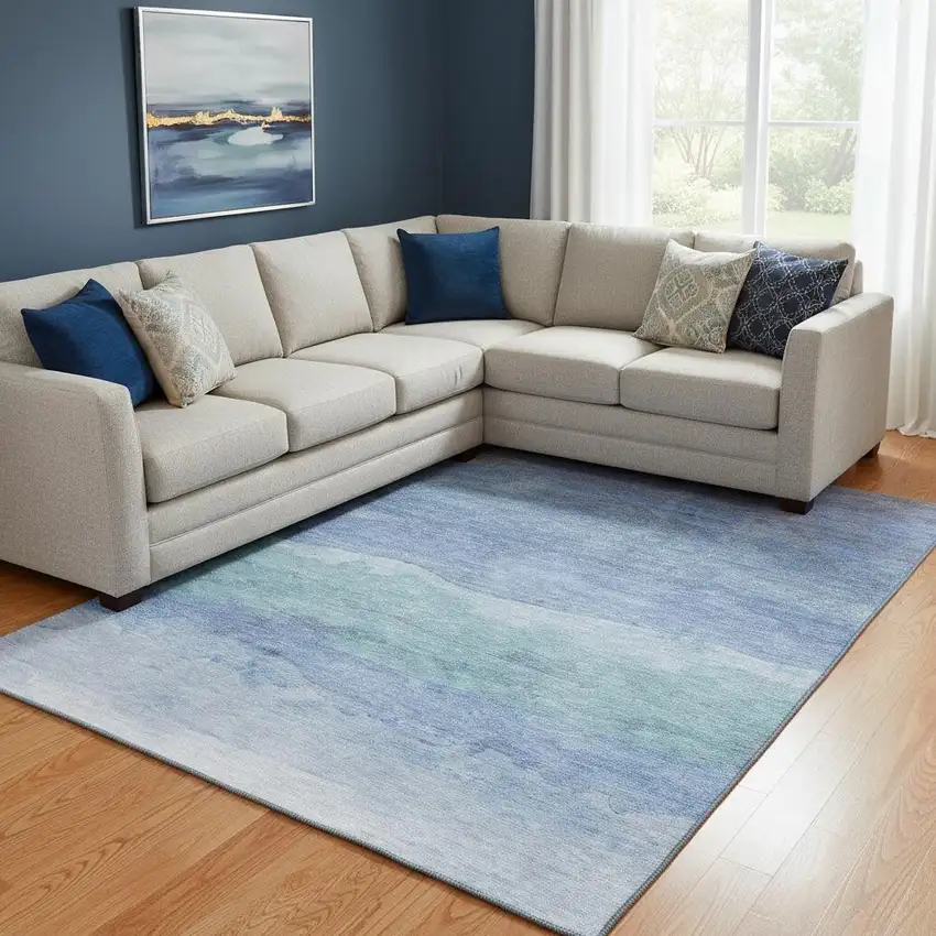 Blue And Teal Striped Washable Area Rug With UV Protection Photo 2