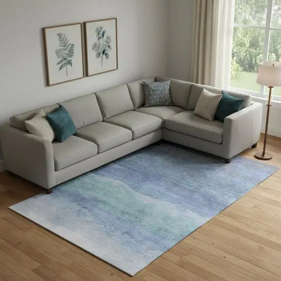 Blue And Teal Striped Washable Area Rug With UV Protection Photo 2