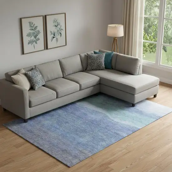 Blue And Teal Striped Washable Area Rug With UV Protection Photo 2