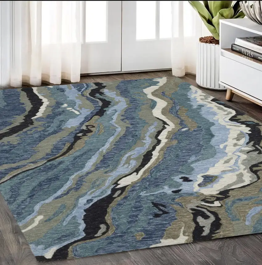 Blue And Teal Wool Abstract Hand Tufted Area Rug Photo 1