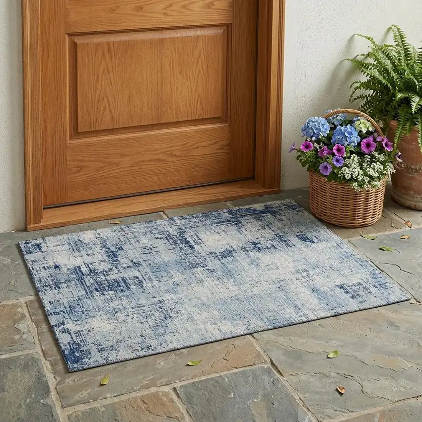 Blue And Wheat Abstract Washable Indoor Outdoor Area Rug Photo 1