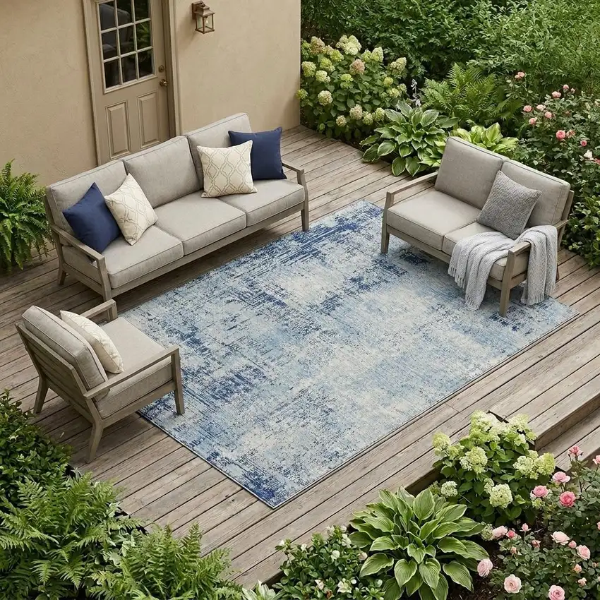 Blue And Wheat Abstract Washable Indoor Outdoor Area Rug Photo 1