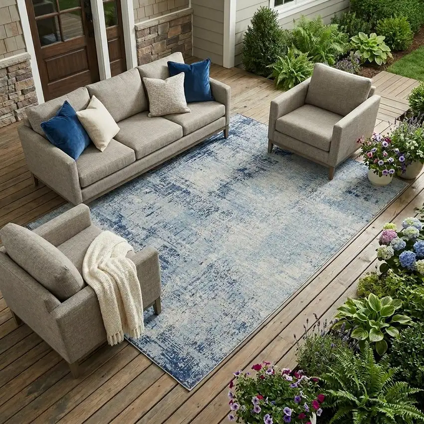 Blue And Wheat Abstract Washable Indoor Outdoor Area Rug Photo 1
