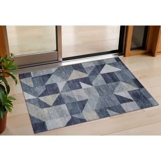 Blue And Wheat Geometric Washable Indoor Outdoor Area Rug Photo 1
