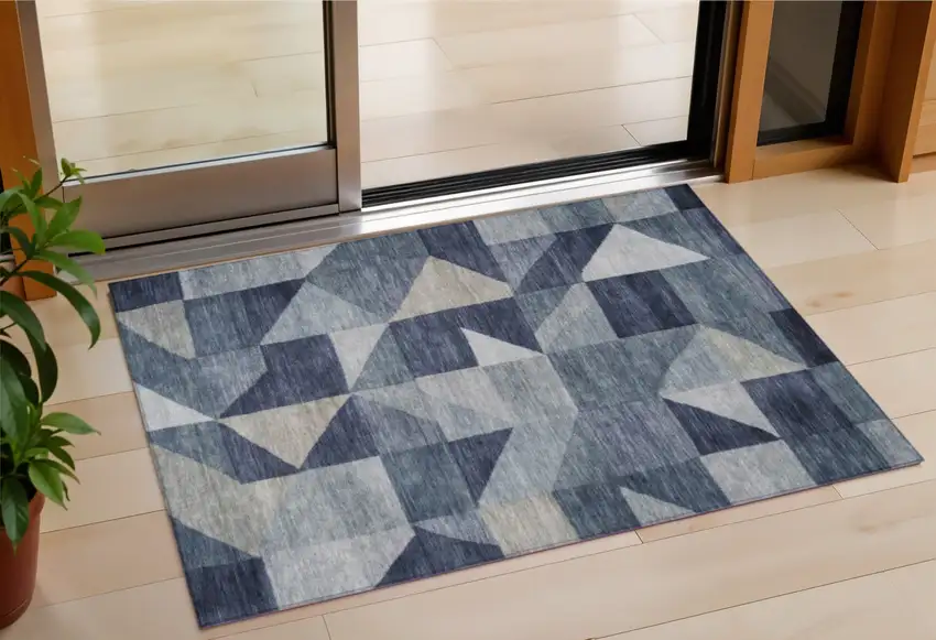 Blue And Wheat Geometric Washable Indoor Outdoor Area Rug Photo 1