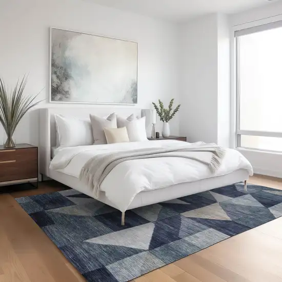 Blue And Wheat Geometric Washable Indoor Outdoor Area Rug Photo 6