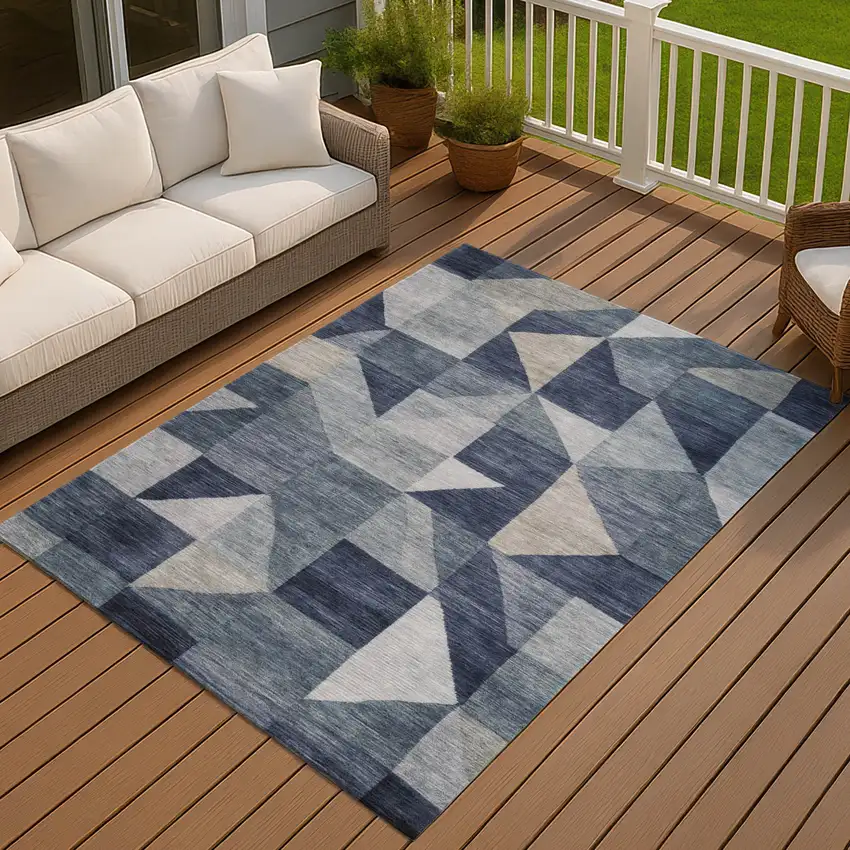 Blue And Wheat Geometric Washable Indoor Outdoor Area Rug Photo 4
