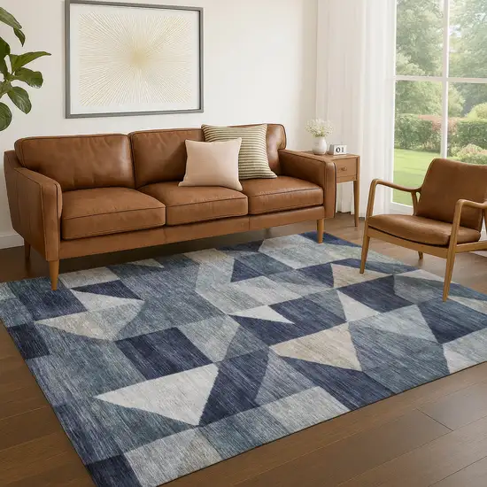 Blue And Wheat Geometric Washable Indoor Outdoor Area Rug Photo 5