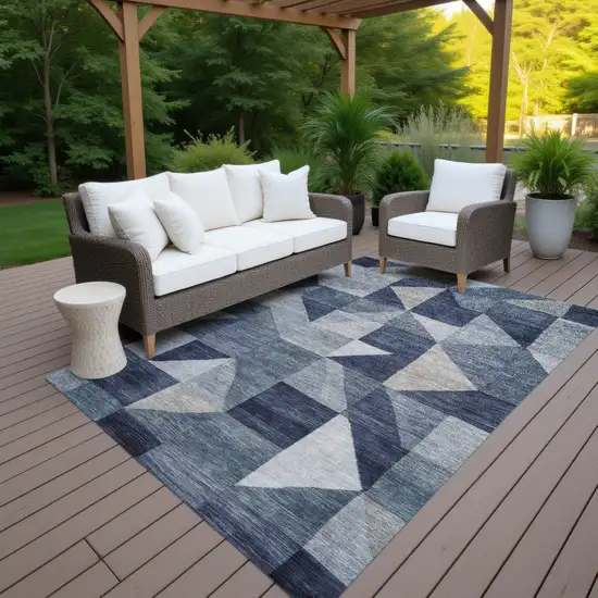 Blue And Wheat Geometric Washable Indoor Outdoor Area Rug Photo 7