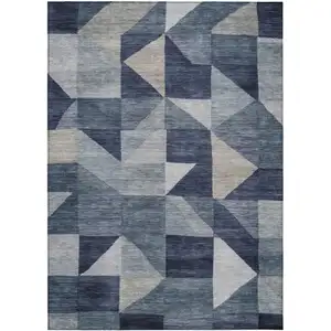 Photo of Blue And Wheat Geometric Washable Indoor Outdoor Area Rug