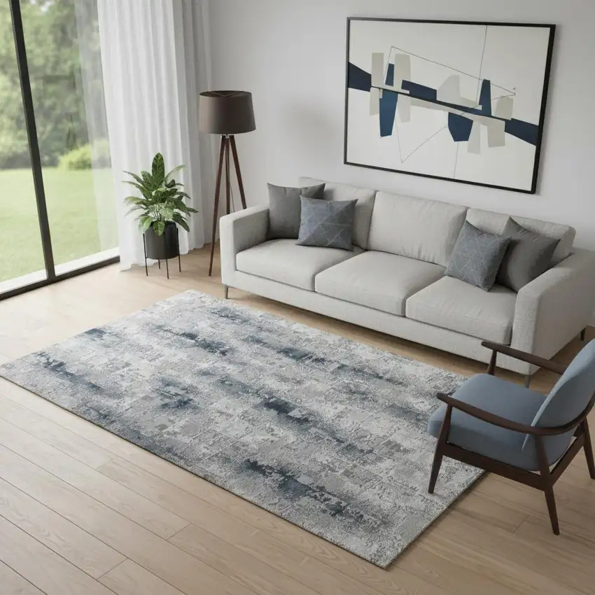 Blue And White Abstract Distressed Area Rug Photo 1