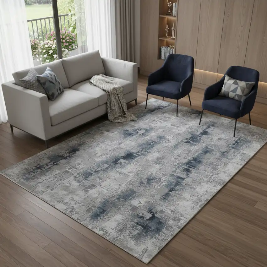 Blue And White Abstract Distressed Area Rug Photo 1
