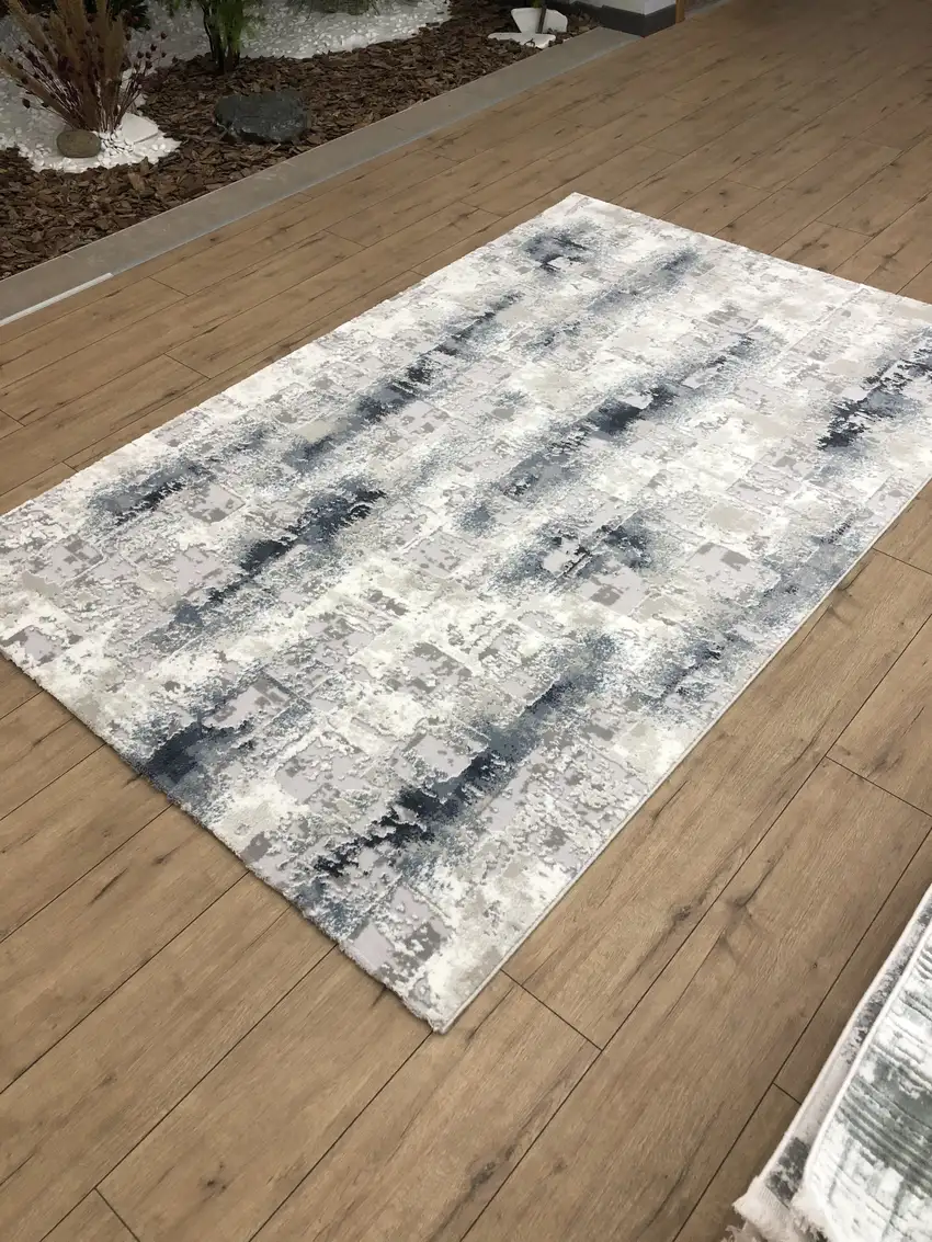 Blue And White Abstract Distressed Area Rug Photo 5