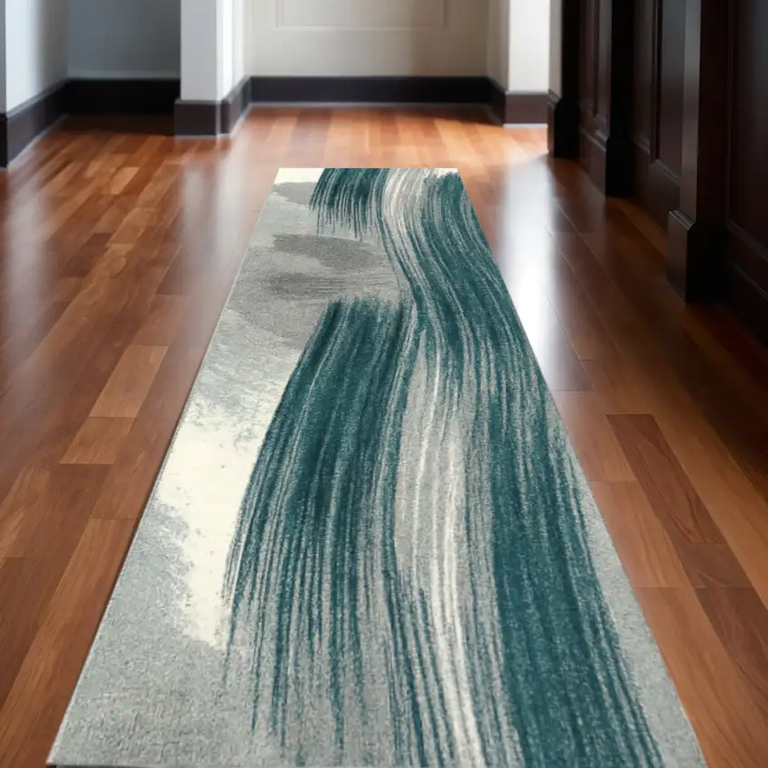 Blue And White Abstract Runner Rug Photo 1