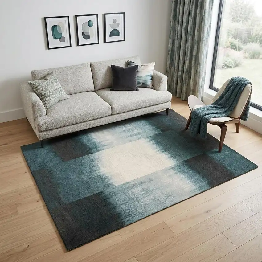 Blue And White Abstract Washable Area Rug With UV Protection Photo 1